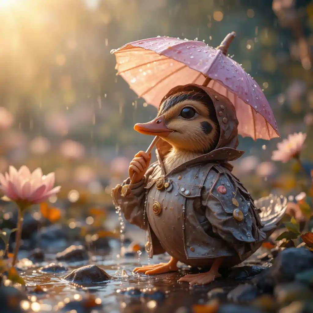 Patinho de capa de chuva sob um guarda-chuva de pétalas