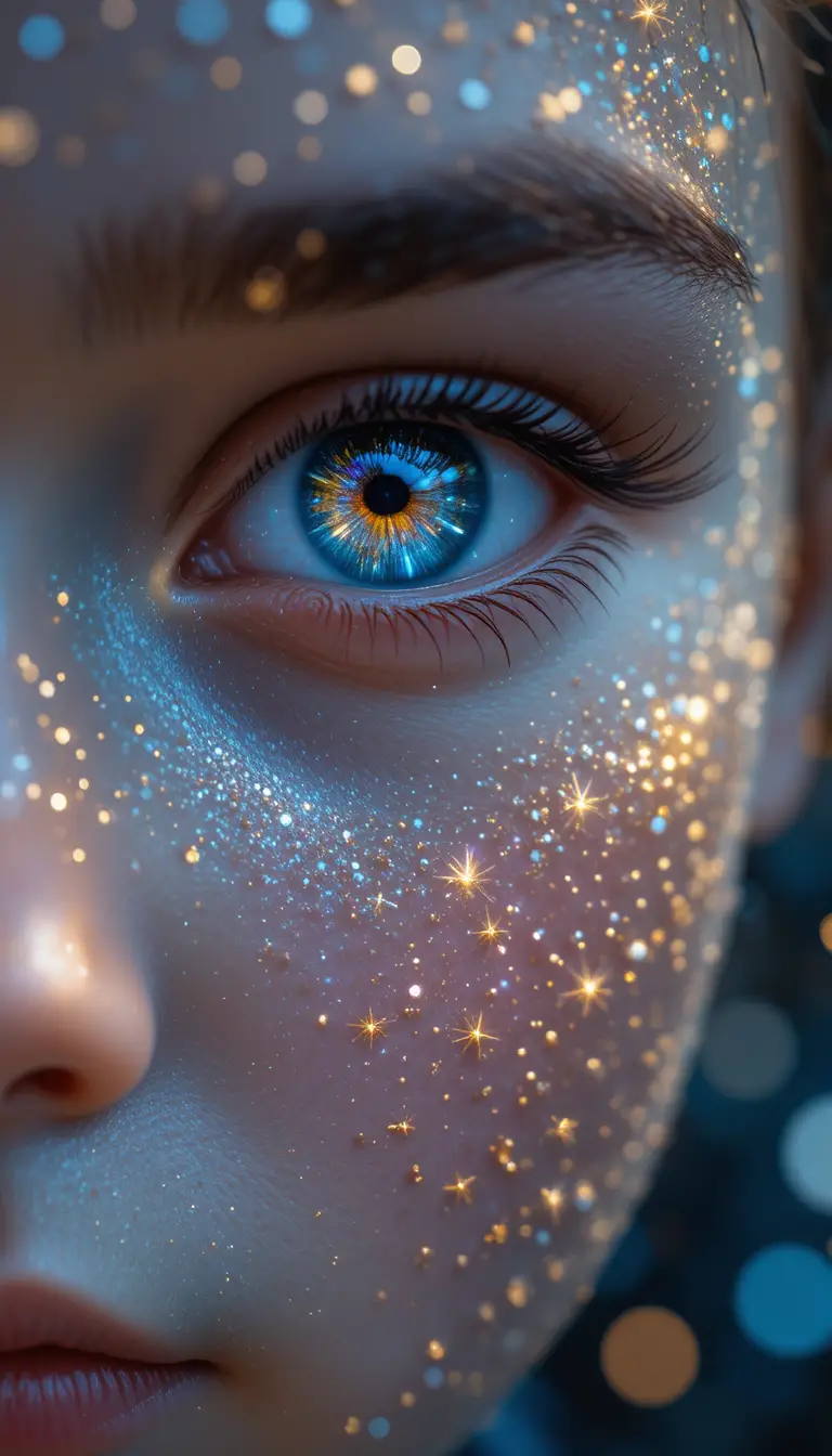 Child portrait with stardust cheeks and galactic eye