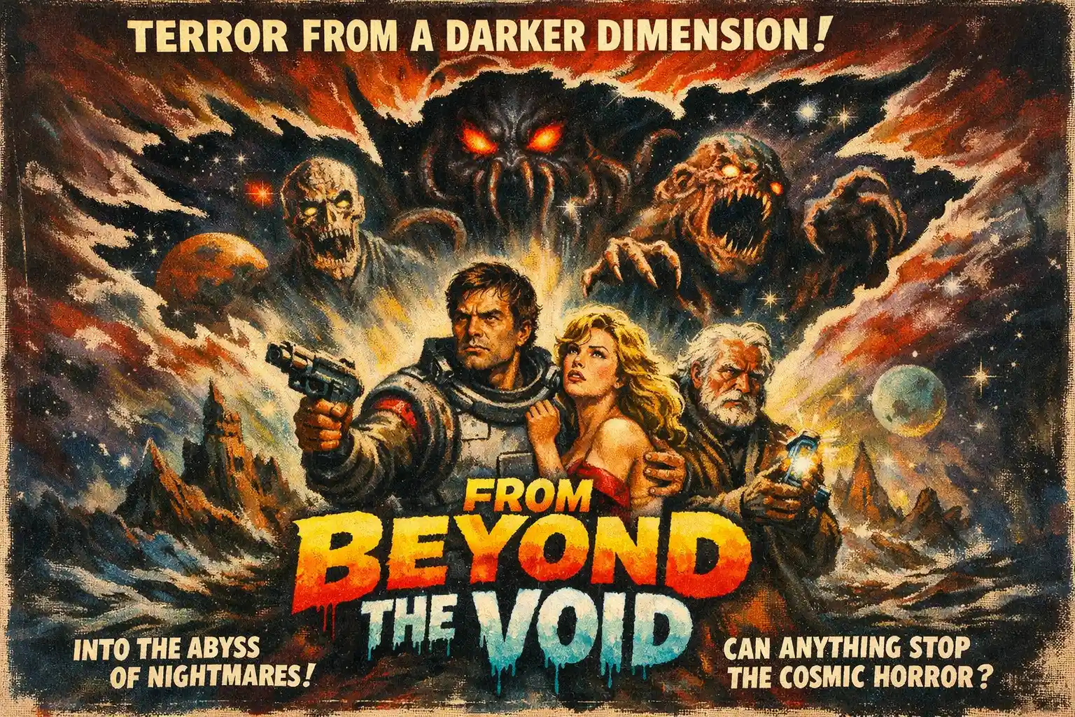 Vintage sci fi poster of a cosmic horror emerging from darkness