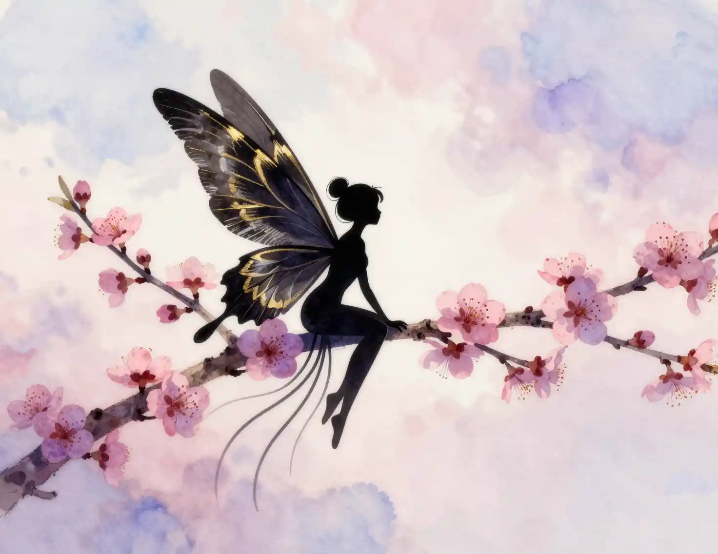 Delicate fairy with golden wings resting among pastel blossoms