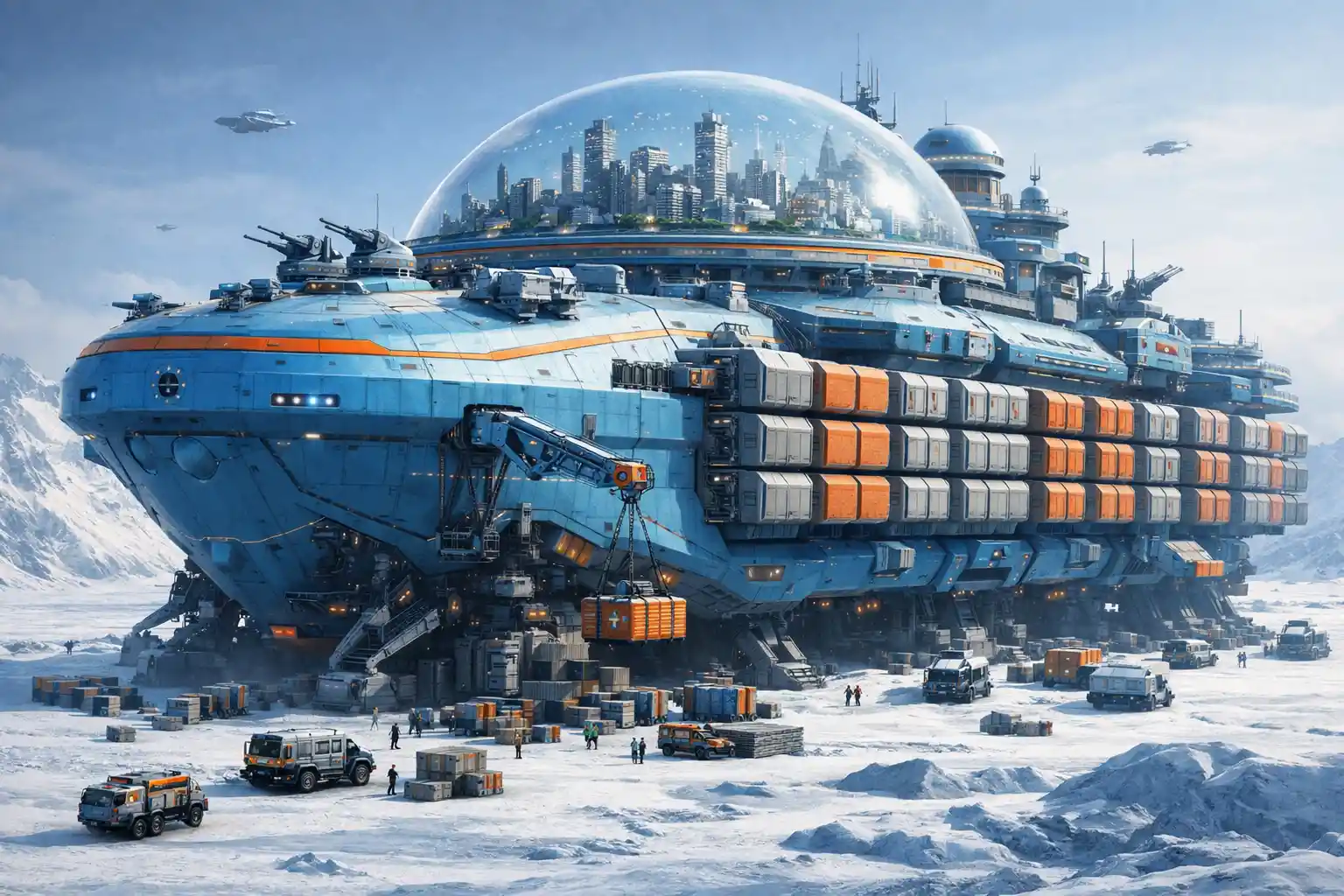 Gigantische Fracht-Raumschiffstadt auf gefrorenem Planeten gelandet