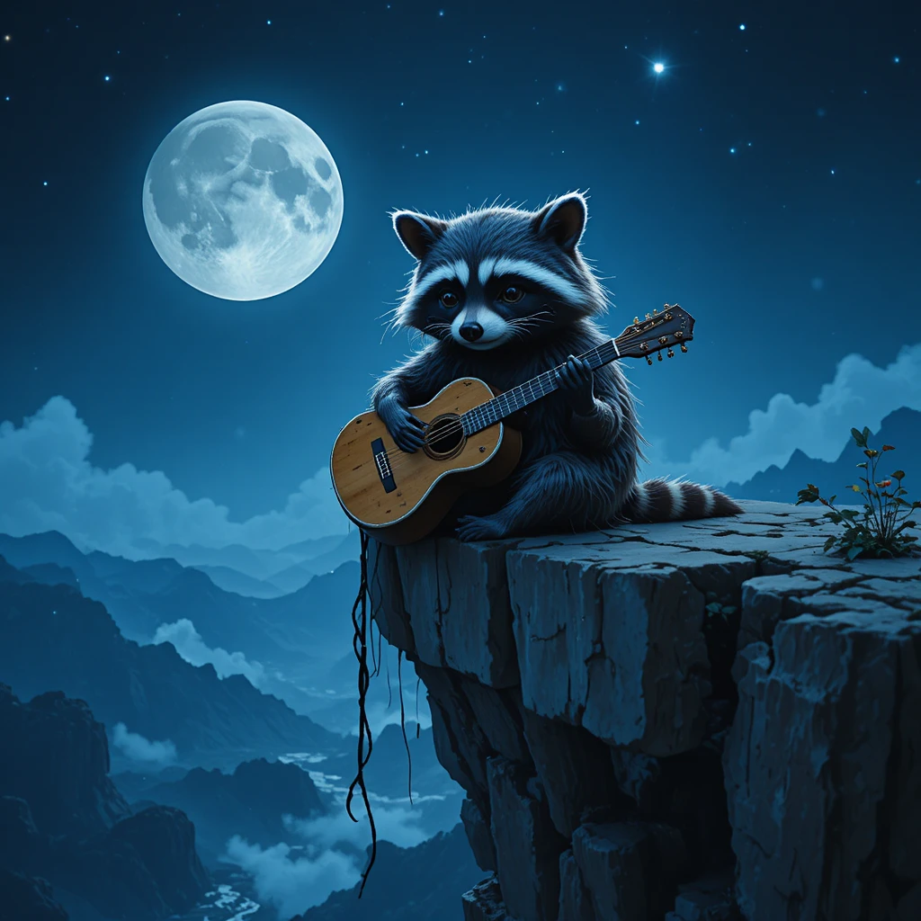 Trauriger Waschbär spielt Gitarre am mondbeschienenen Klippenrand