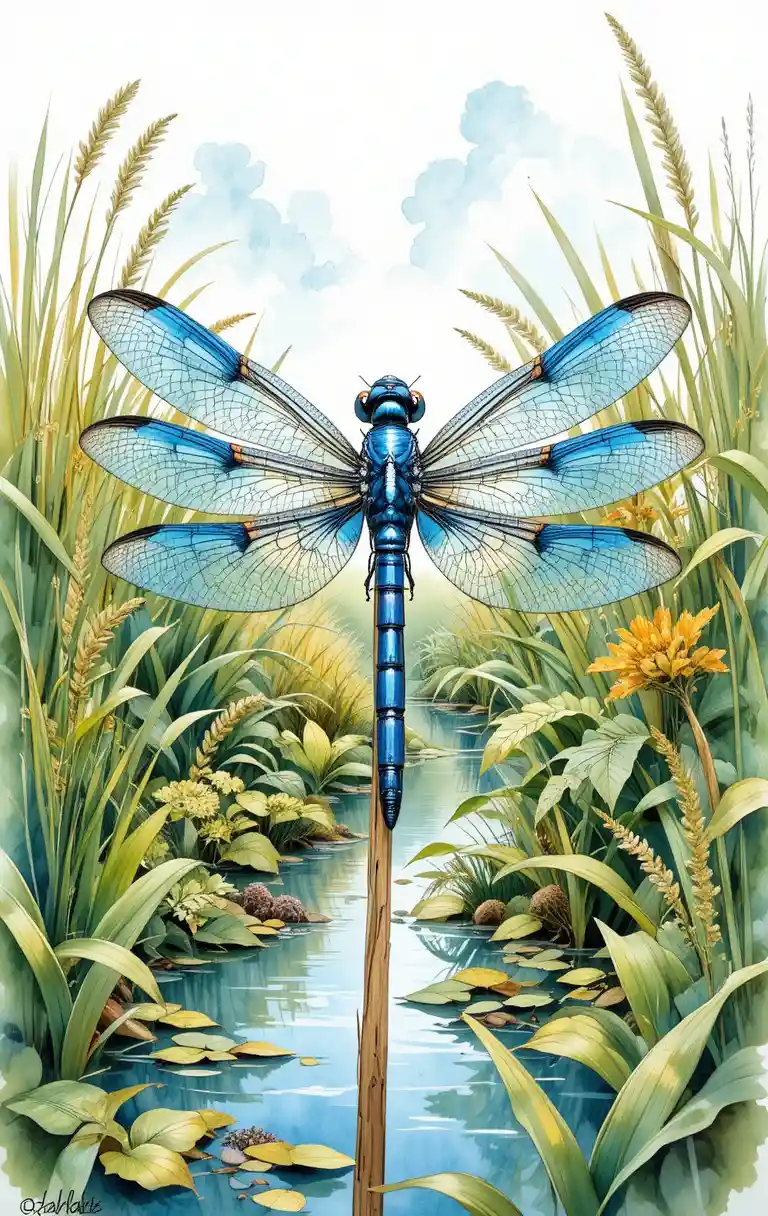 Blue dragonfly on reed in detailed watercolor wetland scene