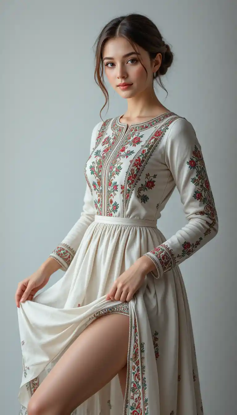 Young slavic woman in embroidered old russian style dress