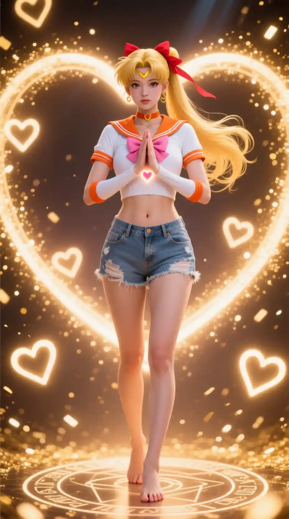 Golden haired magical girl within radiant heart energy circle