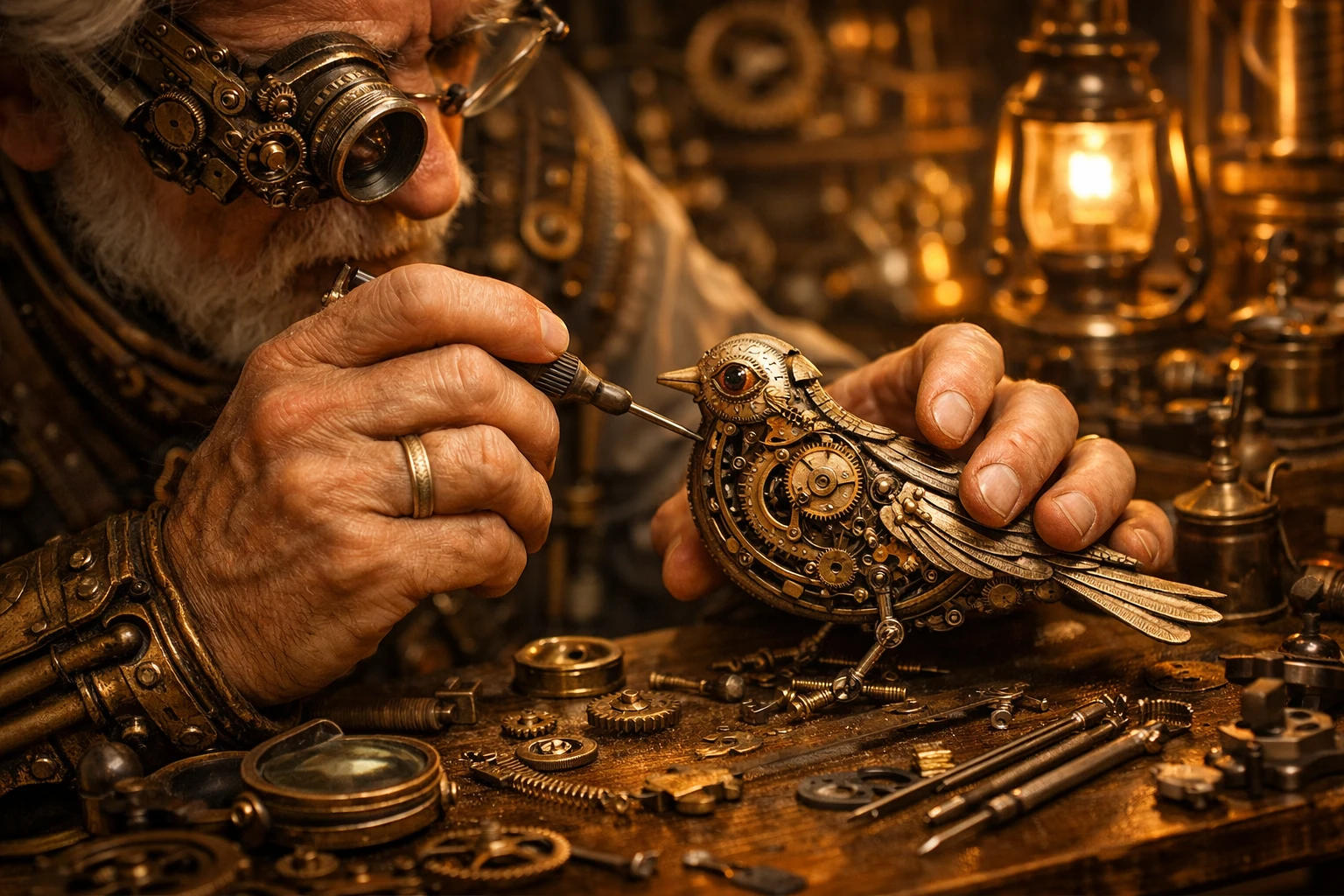 Artisan steampunk réparant un oiseau mécanique complexe