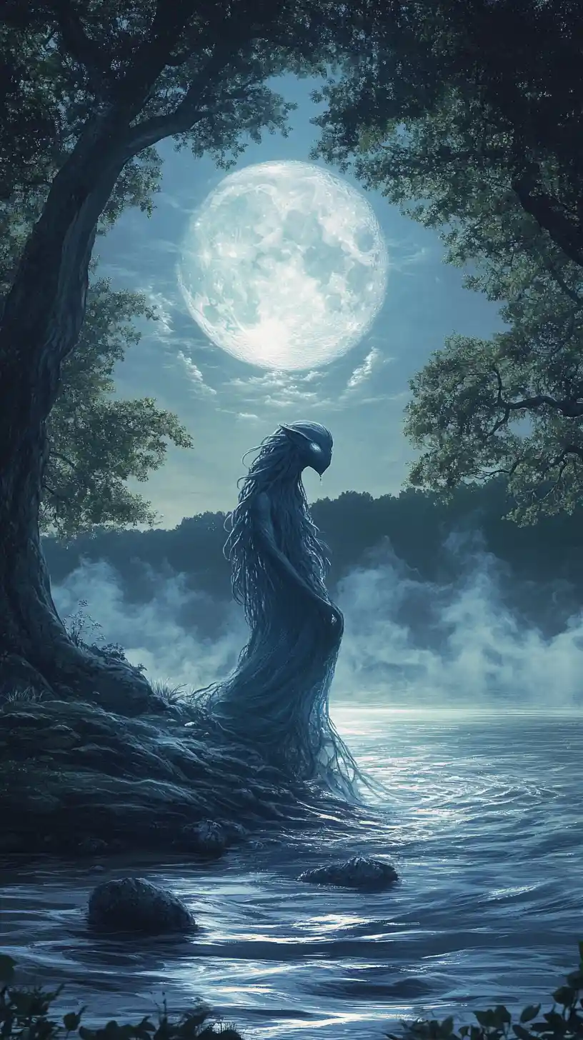 Espíritu de agua místico que surge de un lago tranquilo iluminado por la luna