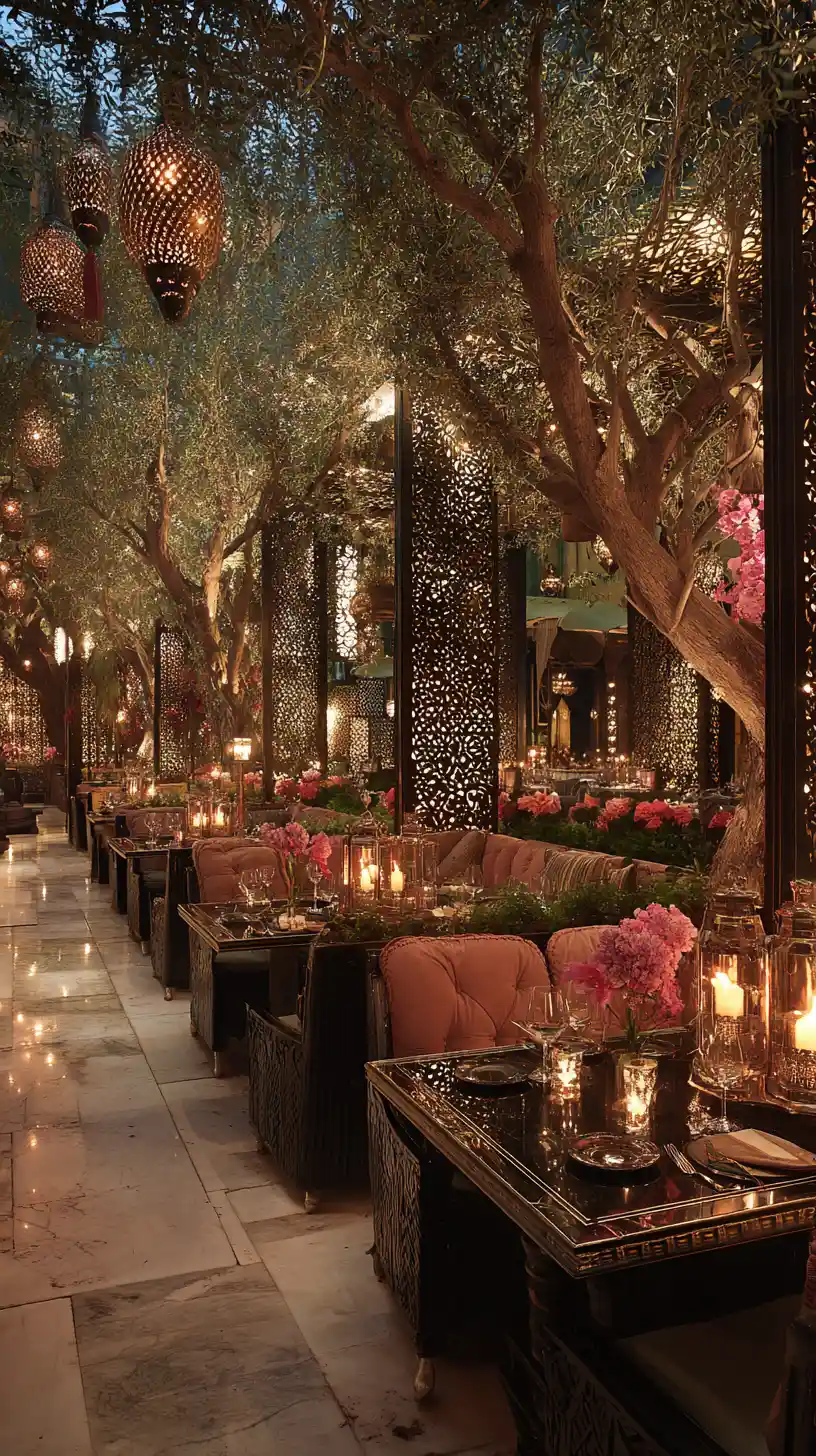 Outdoor restaurant with tall lit trees and intimate tables