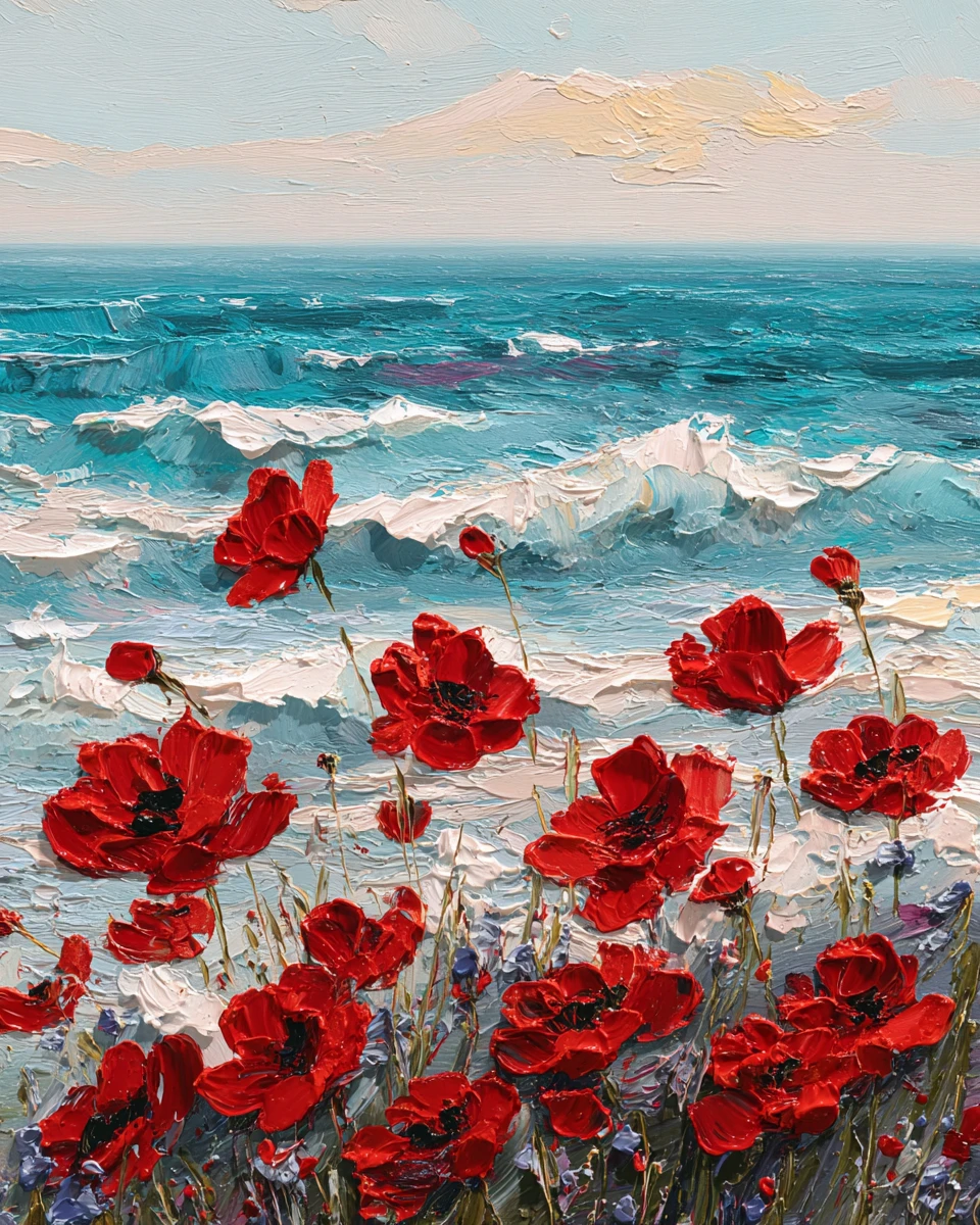 Red poppies in a surreal impasto seascape painting