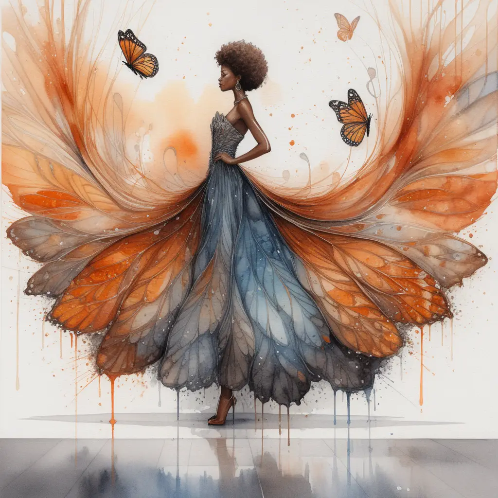 Watercolor woman with butterfly wings in gallery space