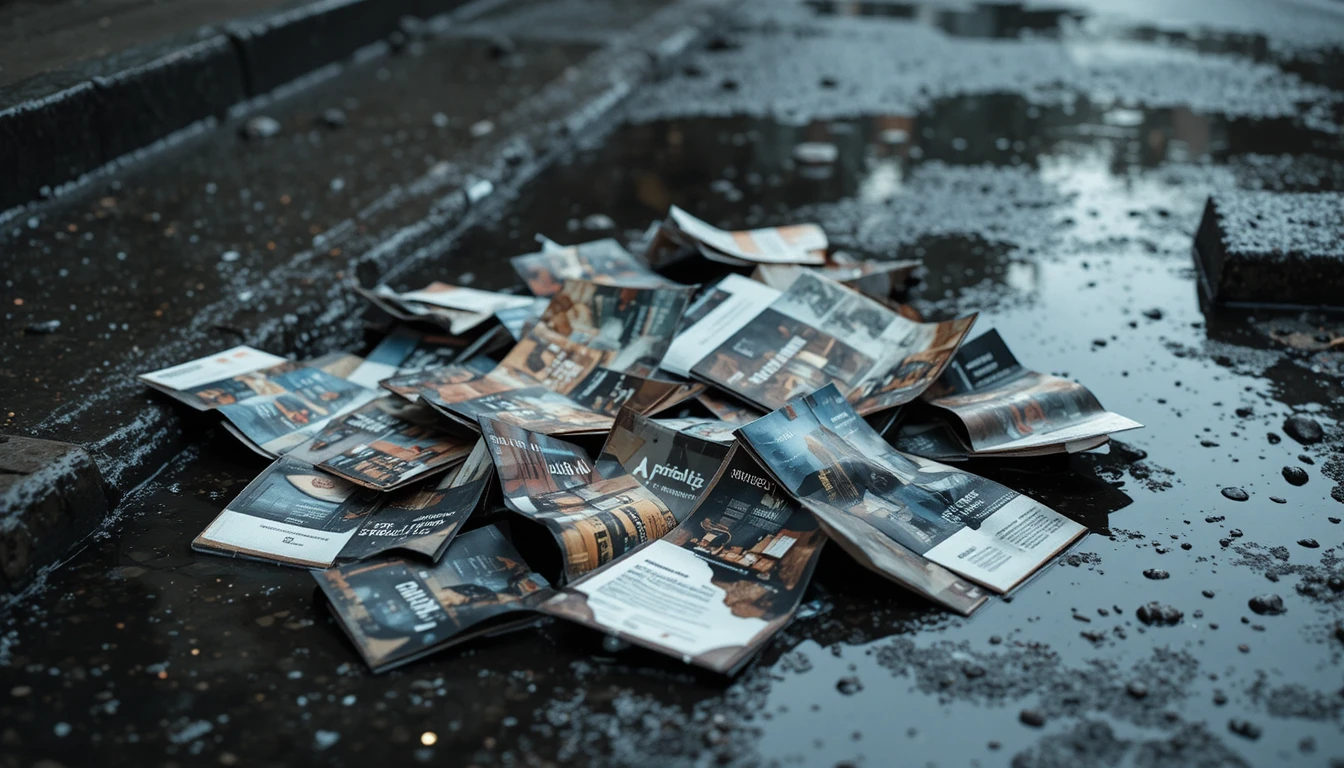 Zerknitterte Broschüren, die in einer regennassen Straßenpfütze versinken