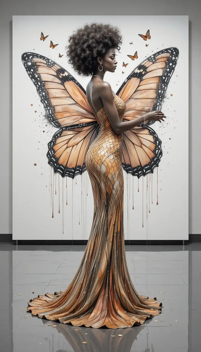 Watercolor woman with butterfly wings in gallery profile view