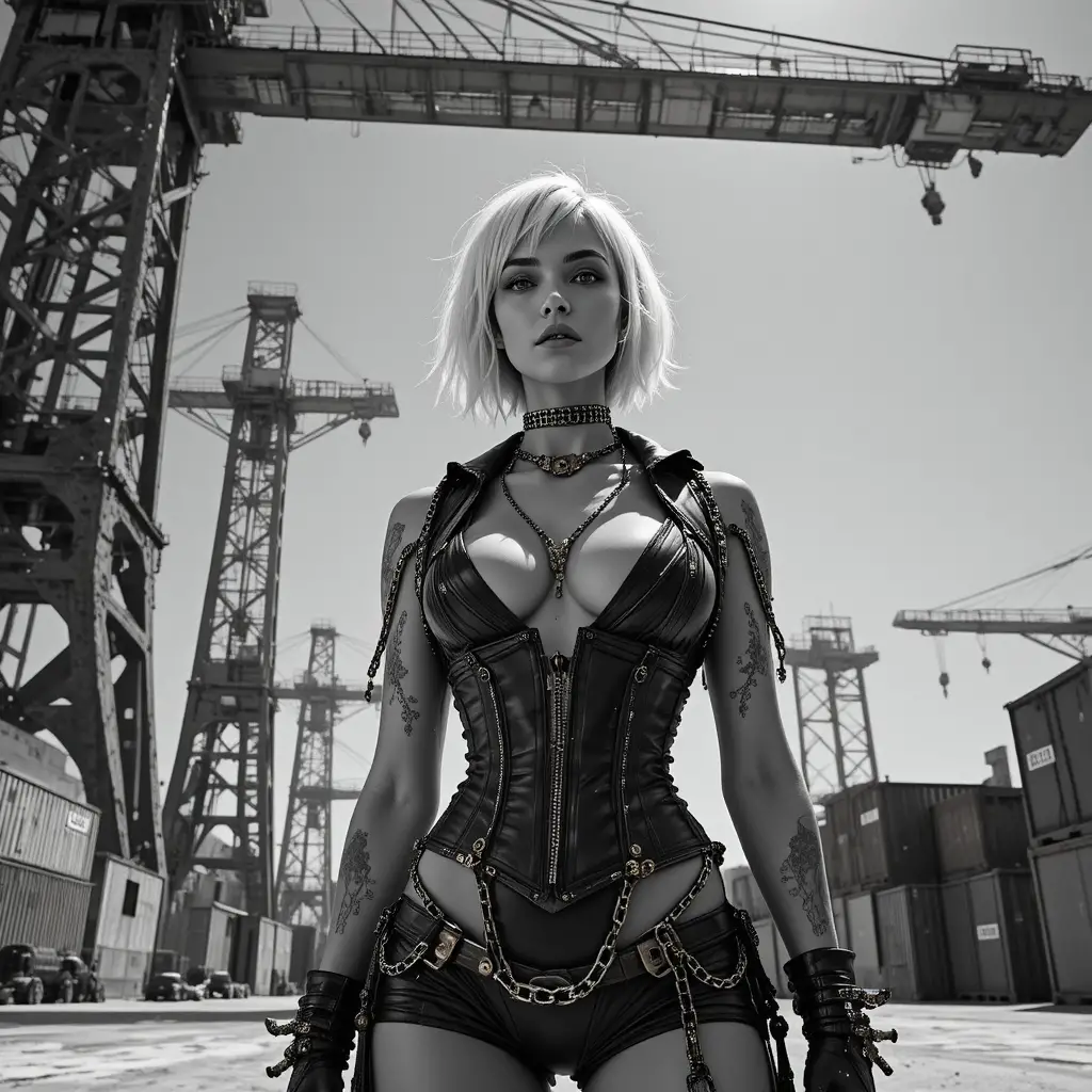Cyberpunk fashion woman under cranes in harsh daylight