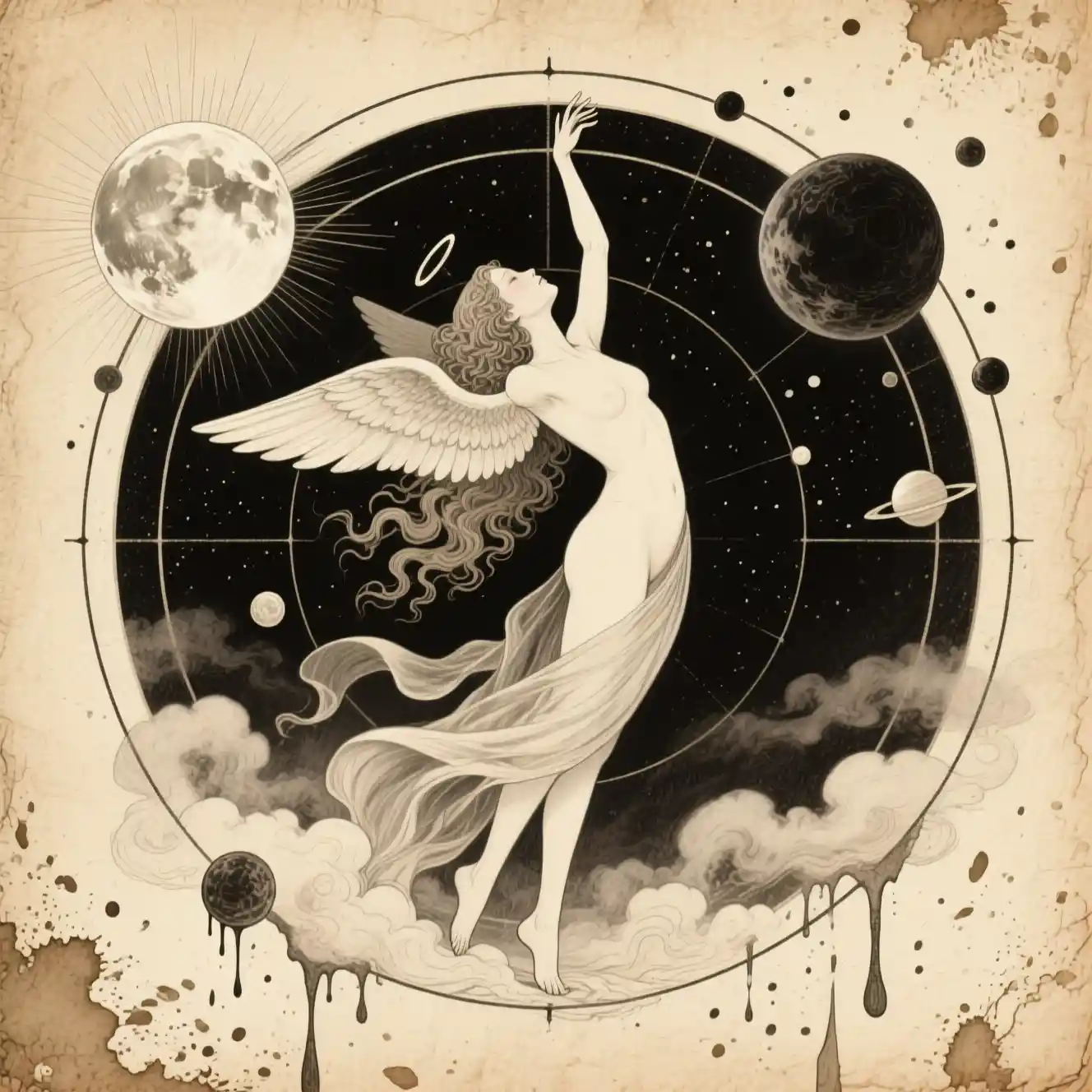 Ethereal Winged Woman Within Celestial Orbital Diagram