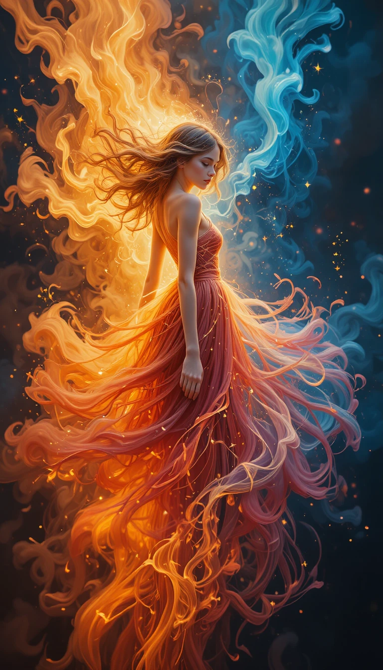Young girl reborn from swirling flames in a fiery dress