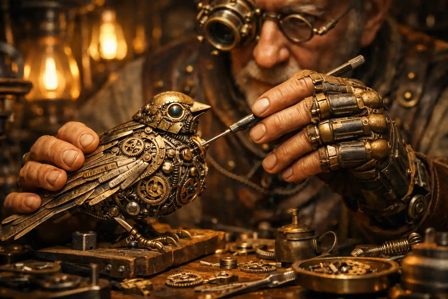 Artigiano steampunk che ripara un intricato uccello a orologeria