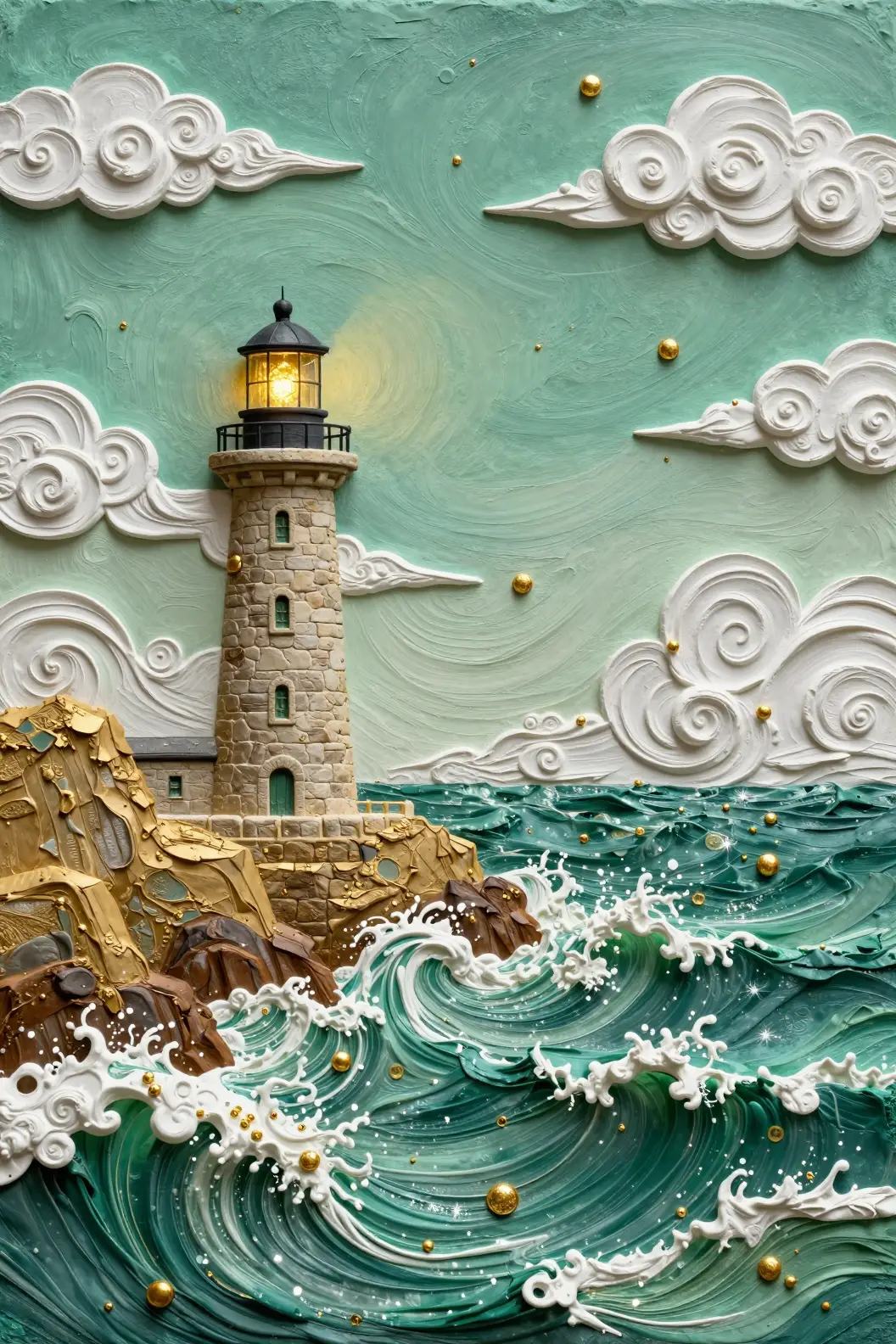 Textured mixed media lighthouse above swirling emerald sea