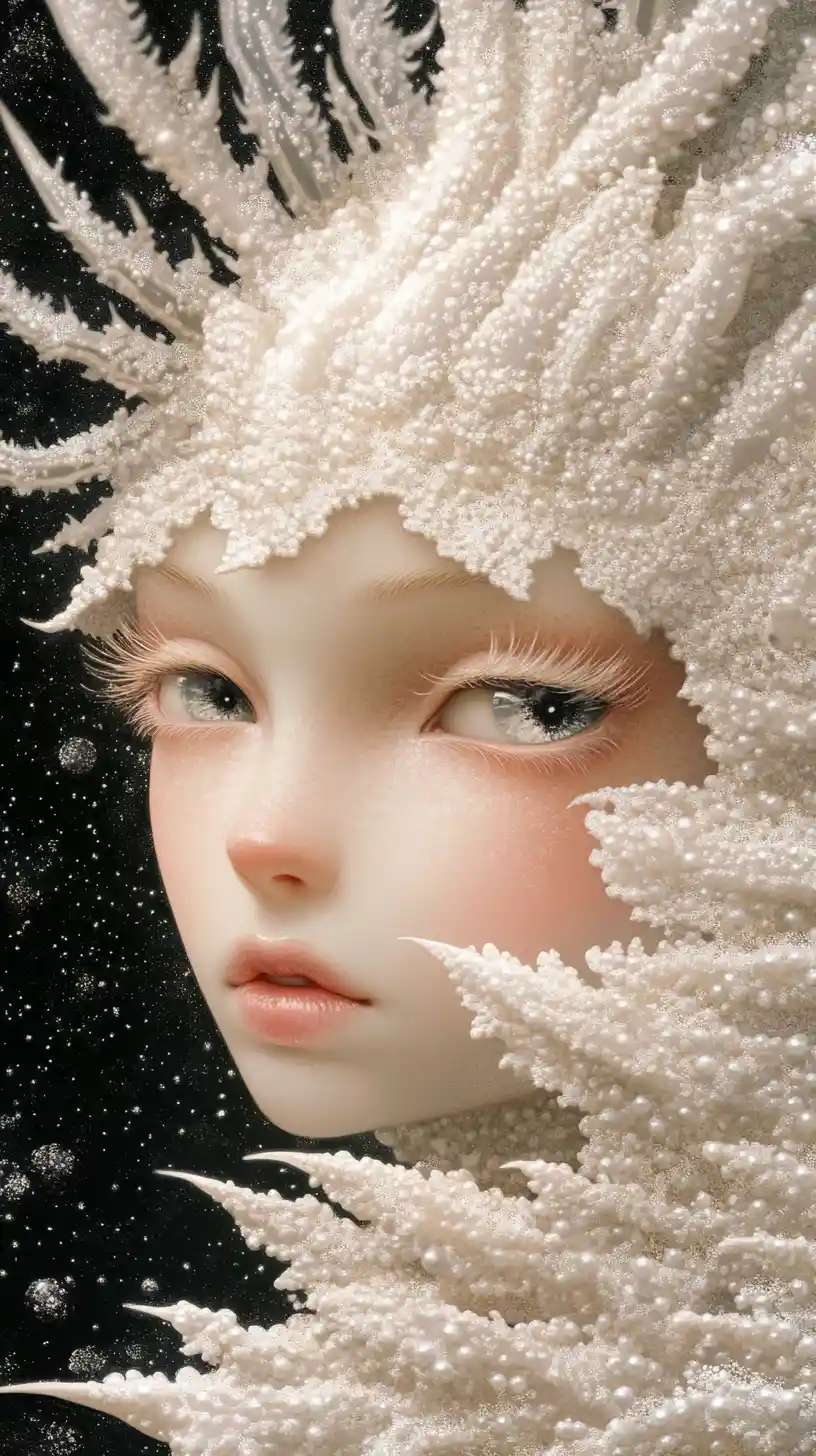 Surreal snowy fairy emerging from shadowy mystical depths