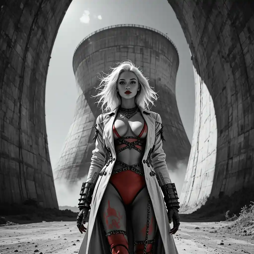 Cyberpunk fashion woman under brutal industrial sunlight