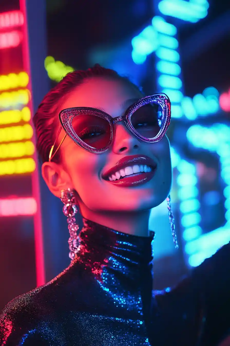 Bella Hadid smiling in glamorous high fashion portrait