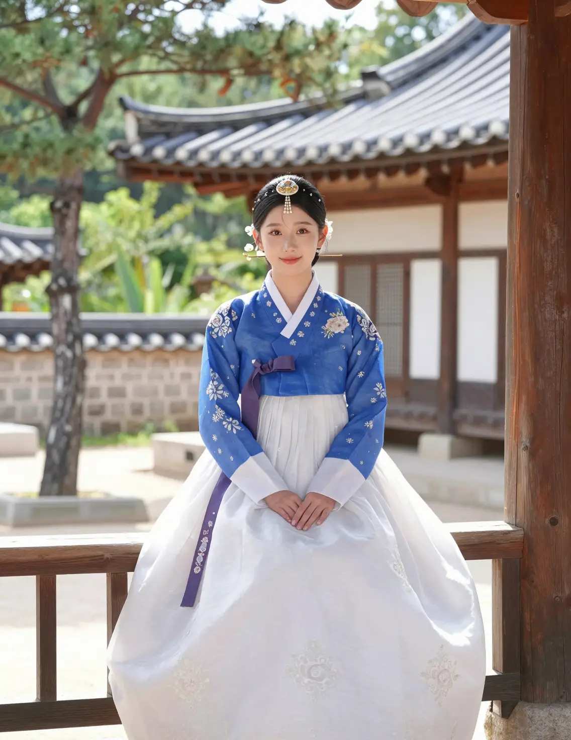 Mujer coreana con hanbok azul junto a barandilla de madera del templo