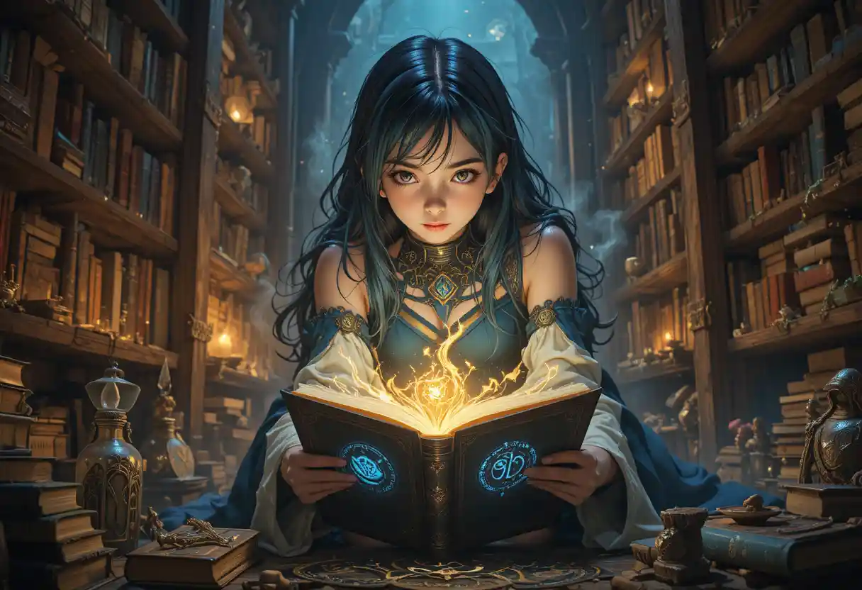 Young sorceress reading a glowing magic book in shadow