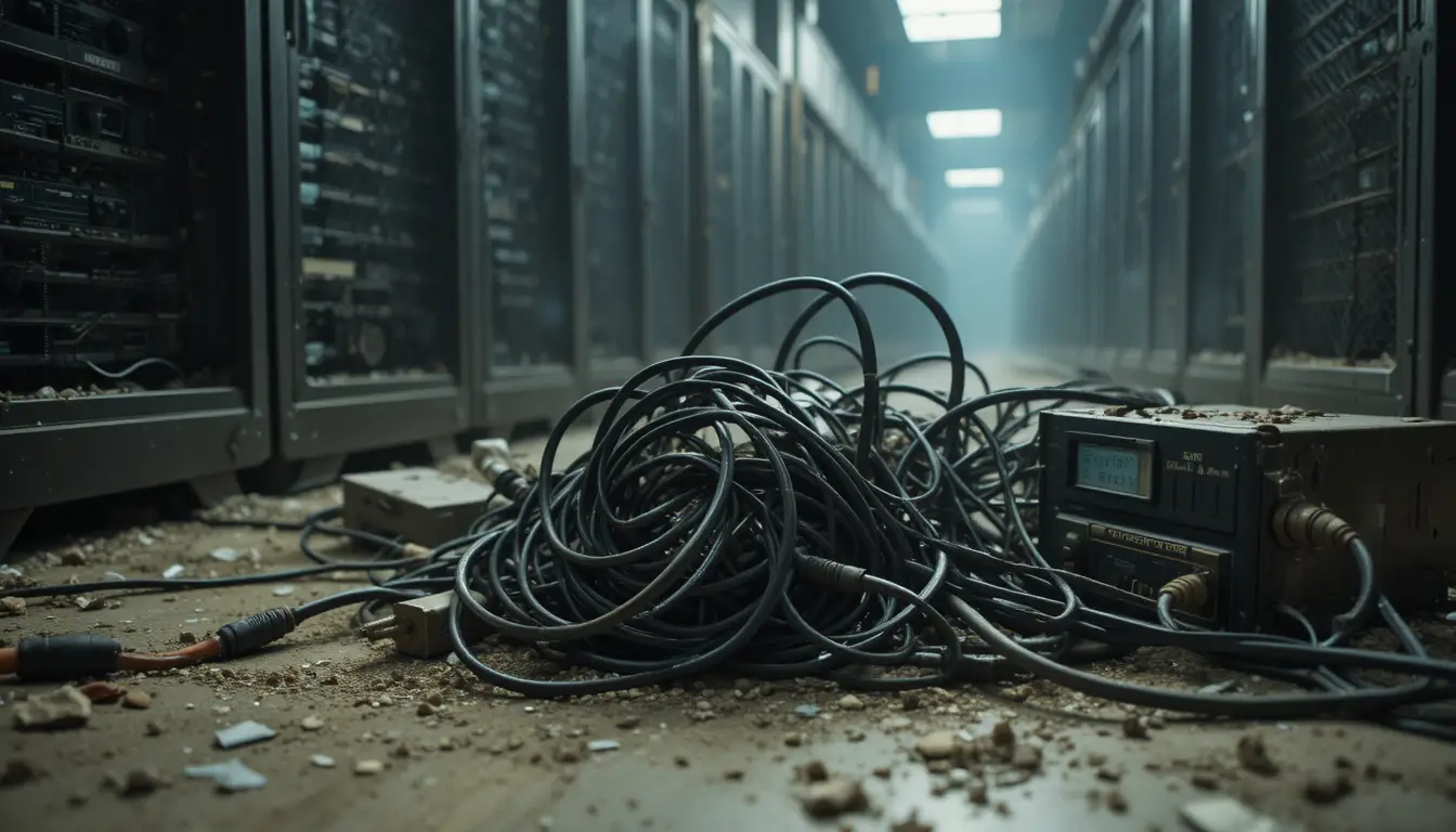 Tangled Power Cords On Dusty Floor In Dark Server Room