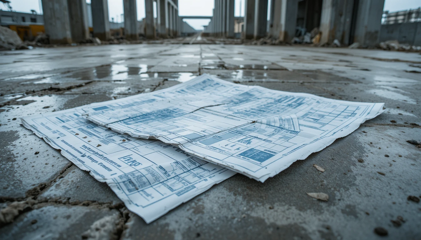 Progetto strappato su pavimento in cemento in cantiere industriale
