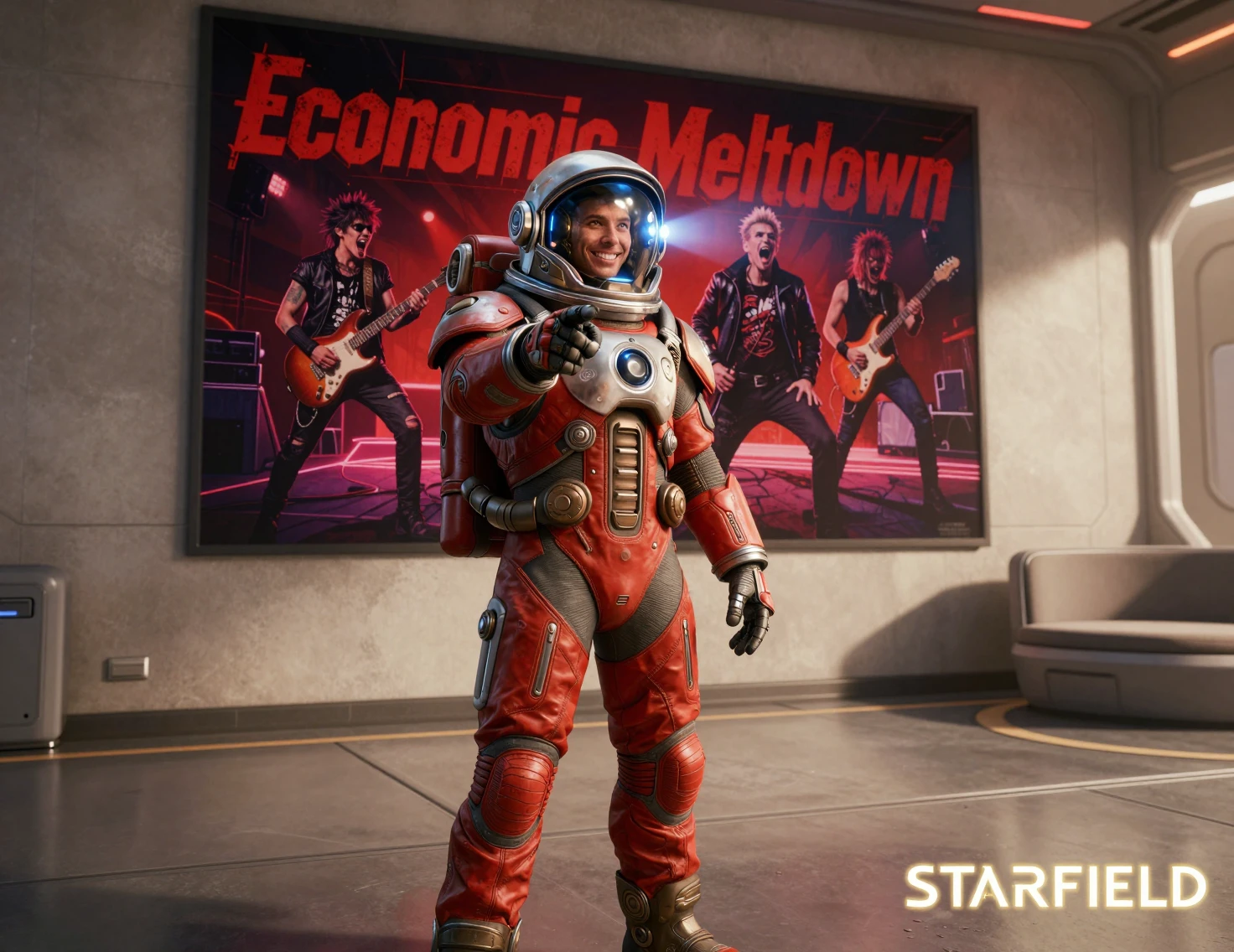 Smiling astronaut pointing forward in sleek sci fi interior