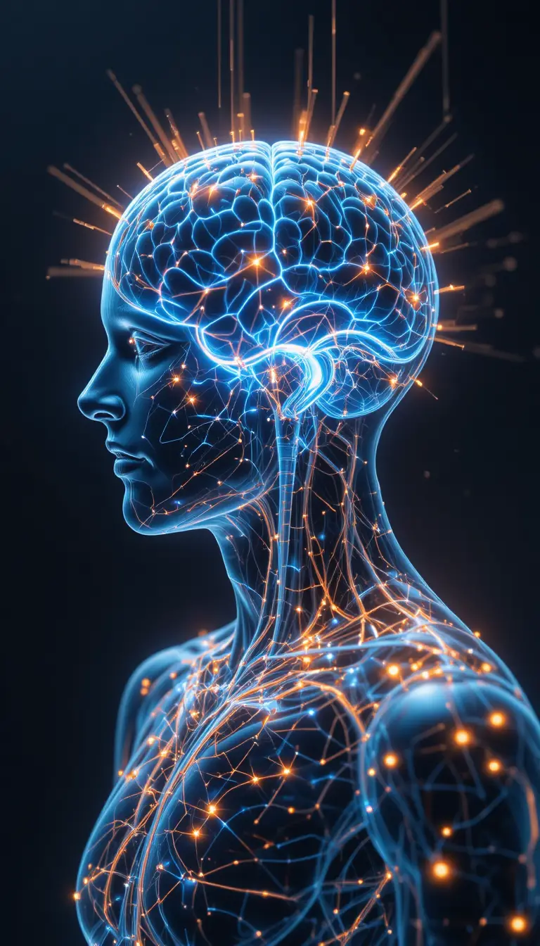 Futuristic Human Anatomy Merging With Glowing Digital Circuits
