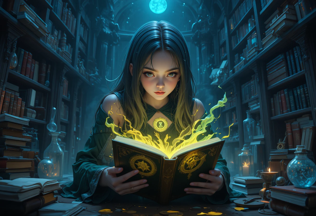 Young sorceress studying a glowing spellbook in shadow