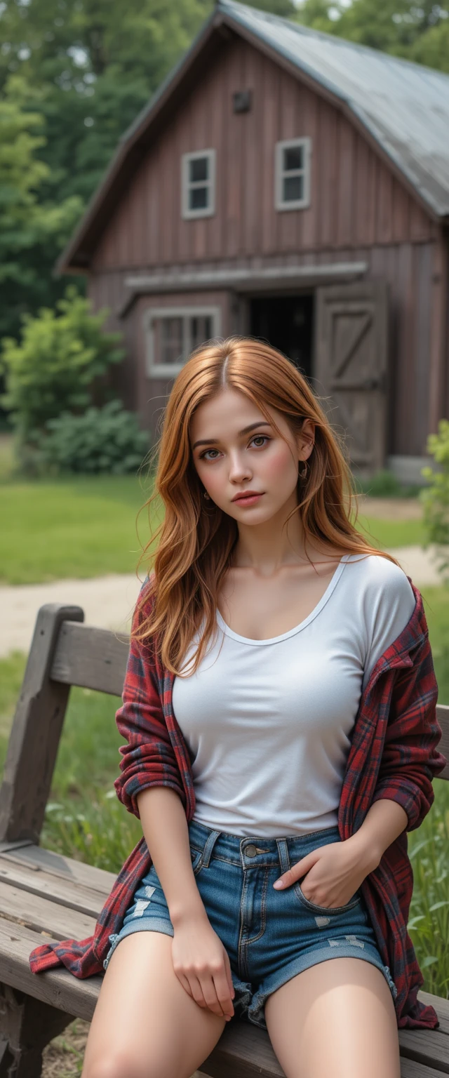 Young woman relaxing on a wooden bench by a rustic barn
