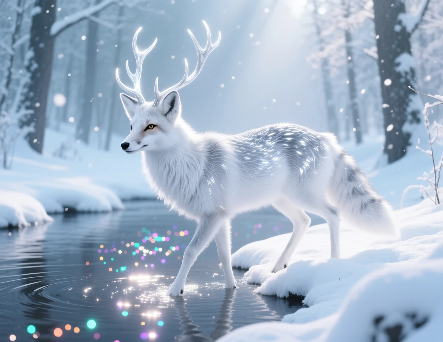 Silvery white deer by a river in a snowy forest