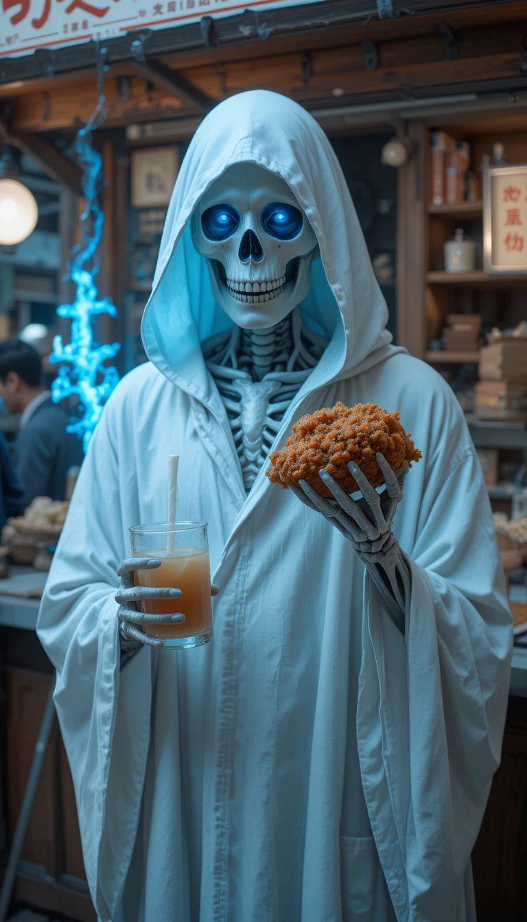 Glowing skeleton in white robe with milk tea and chicken cutlet