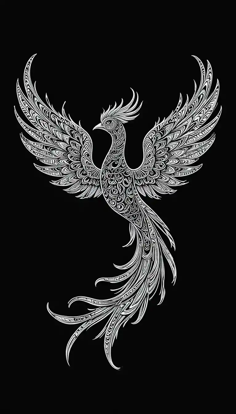 Serene Line Art Phoenix With Intricate Zentangle Patterns