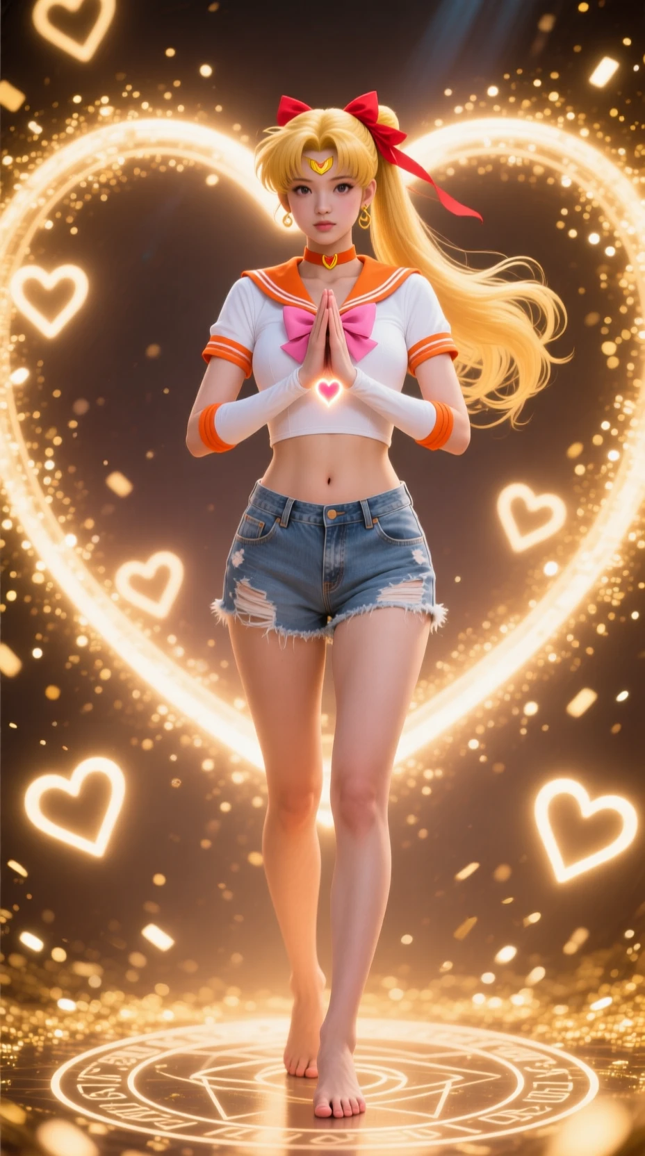 Golden haired magical girl within radiant heart energy circle