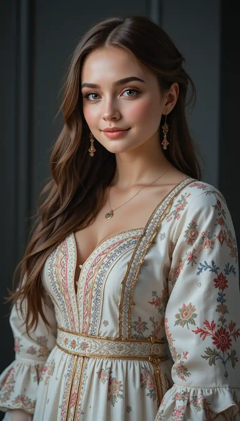 Young Slavic woman in traditional embroidered Russian dress