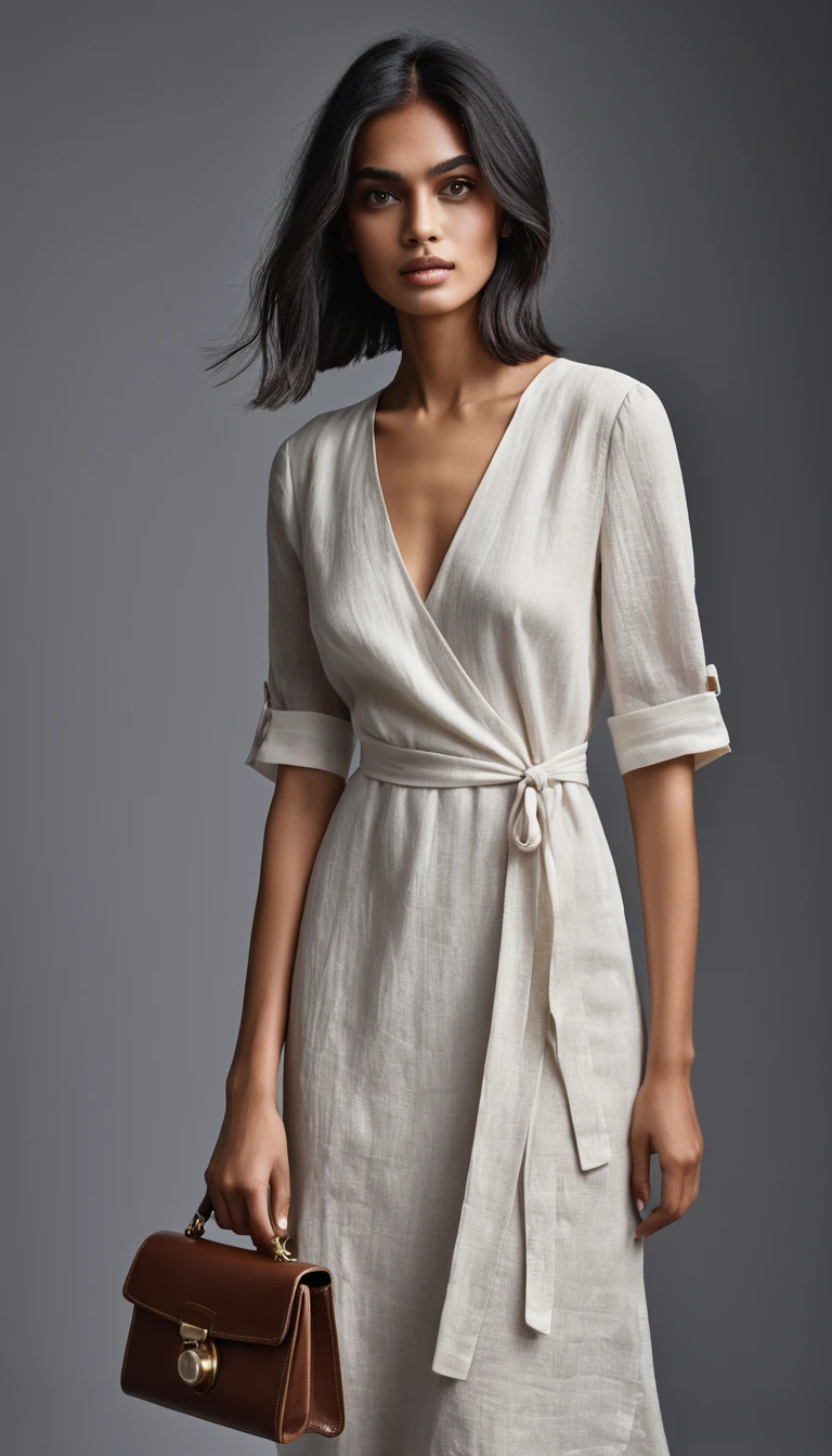 Elegante junge Frau im Leinenkleid mit Designer-Accessoires