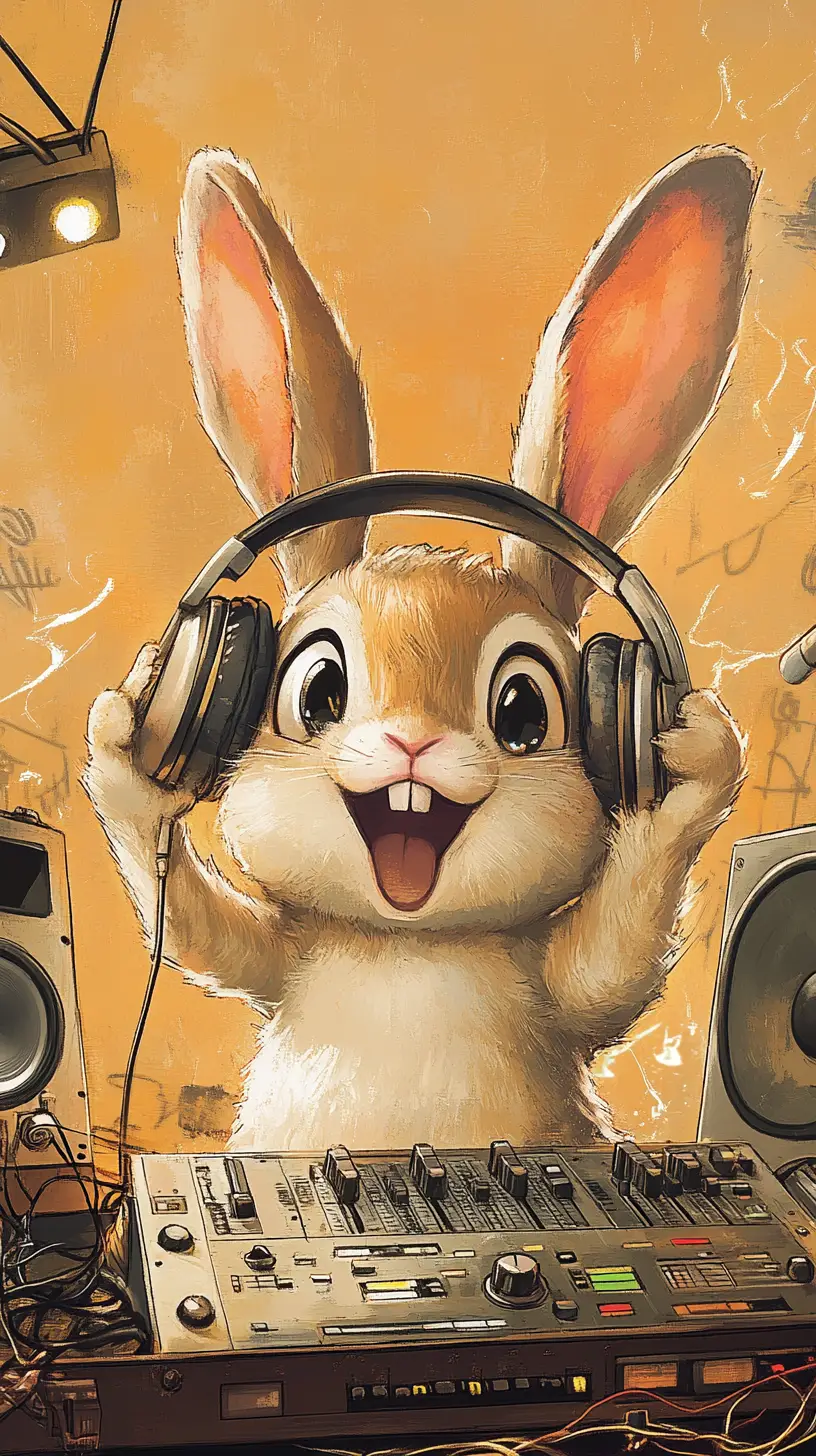 Cartoon rabbit with headphones in a busy music studio