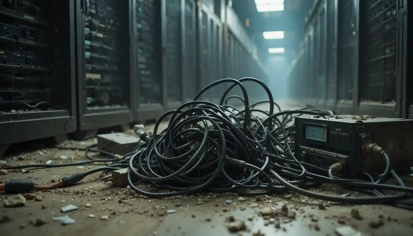 Tangled Power Cords On Dusty Floor In Dark Server Room