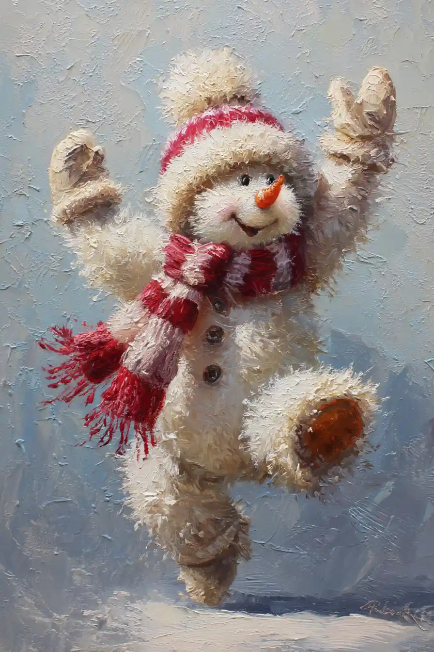 Playful dancing snowman in a soft fairytale painting