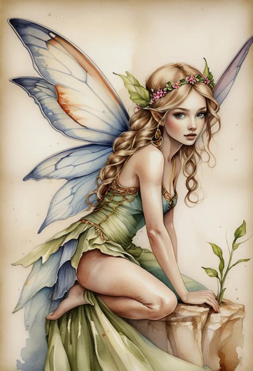 Watercolor woman with butterfly wings in minimalist gallery