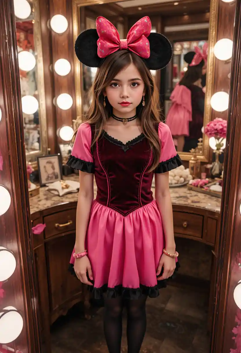 Zögerlicher Tween-Junge im rosa Minnie-Kleid vor dem Schminktisch
