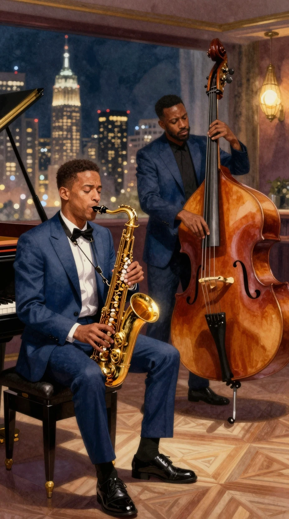 Élégants musiciens de jazz jouant dans un club nocturne de luxe