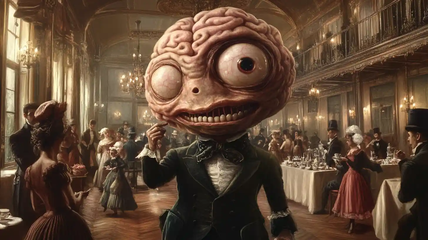 Enorme cervello con un occhio solo in una sala da ballo vittoriana barocca
