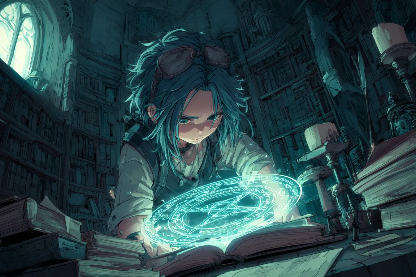 Young sorceress reading a glowing spellbook in shadowy library