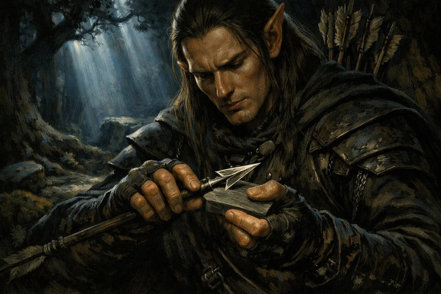 Elven archer sharpening an arrow in moonlit forest