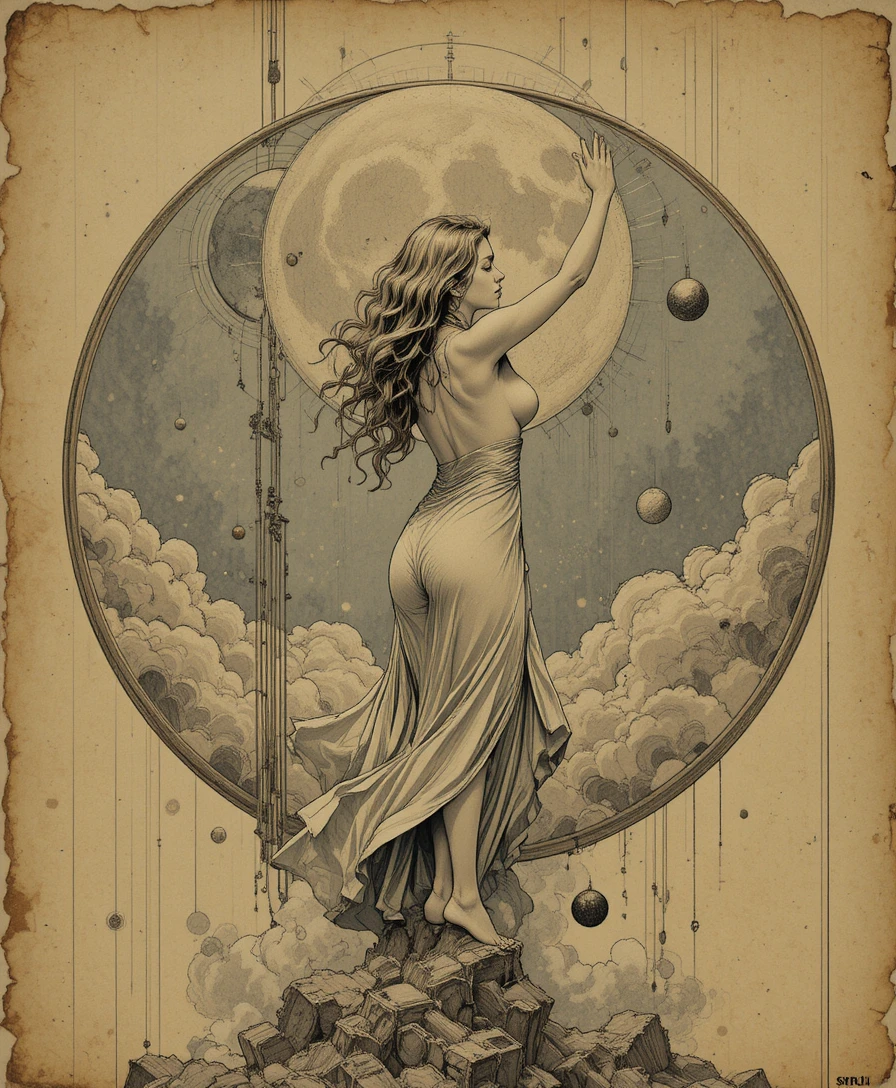 Ethereal winged woman in a celestial sepia illustration