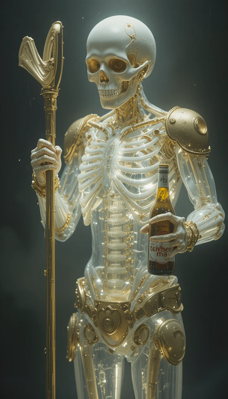 Glowing Skeleton With Vacuum Cleaner And Beer Bottle In Hands