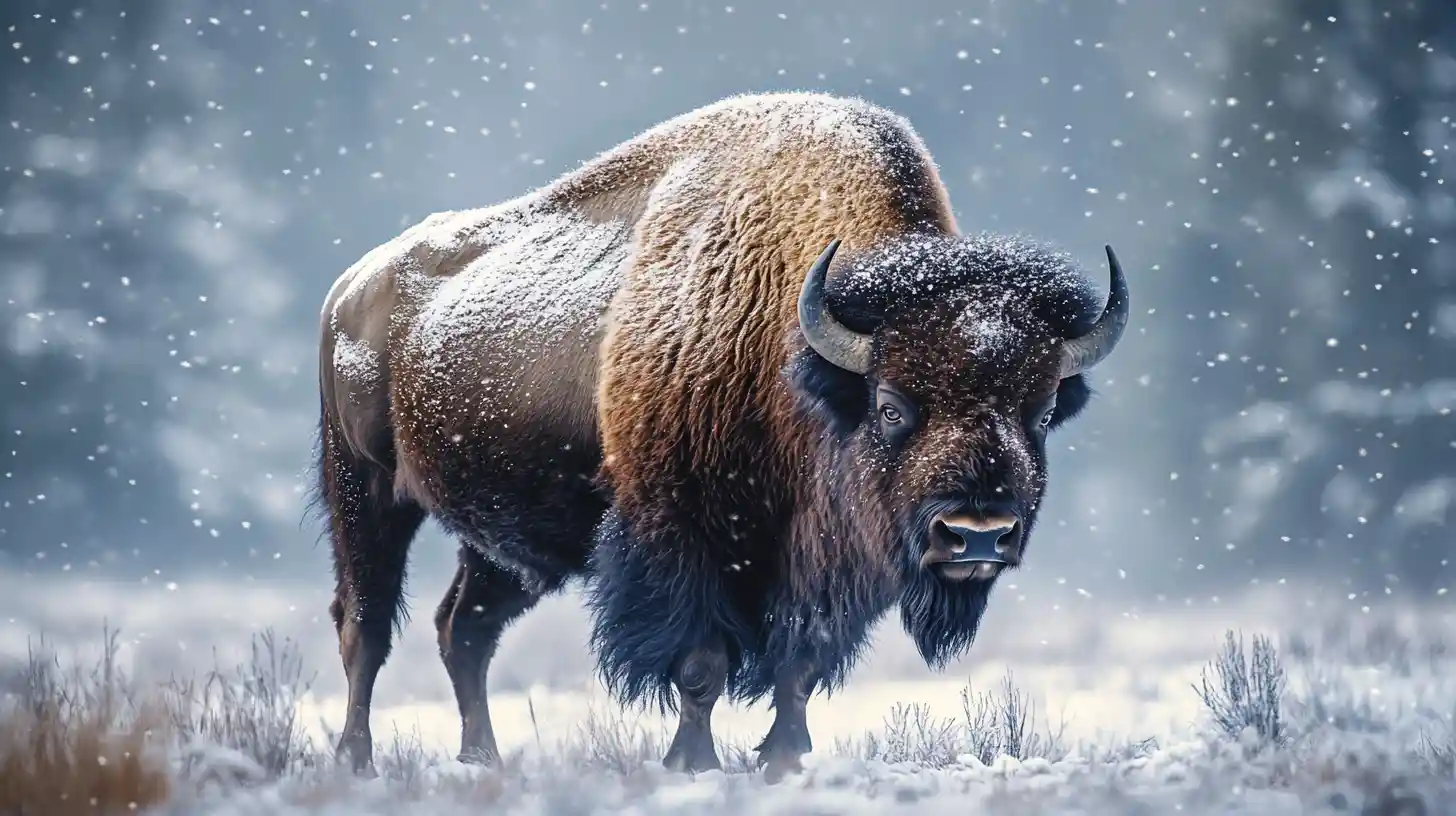 Bisonte solitario che si erge fiero in un tranquillo campo innevato